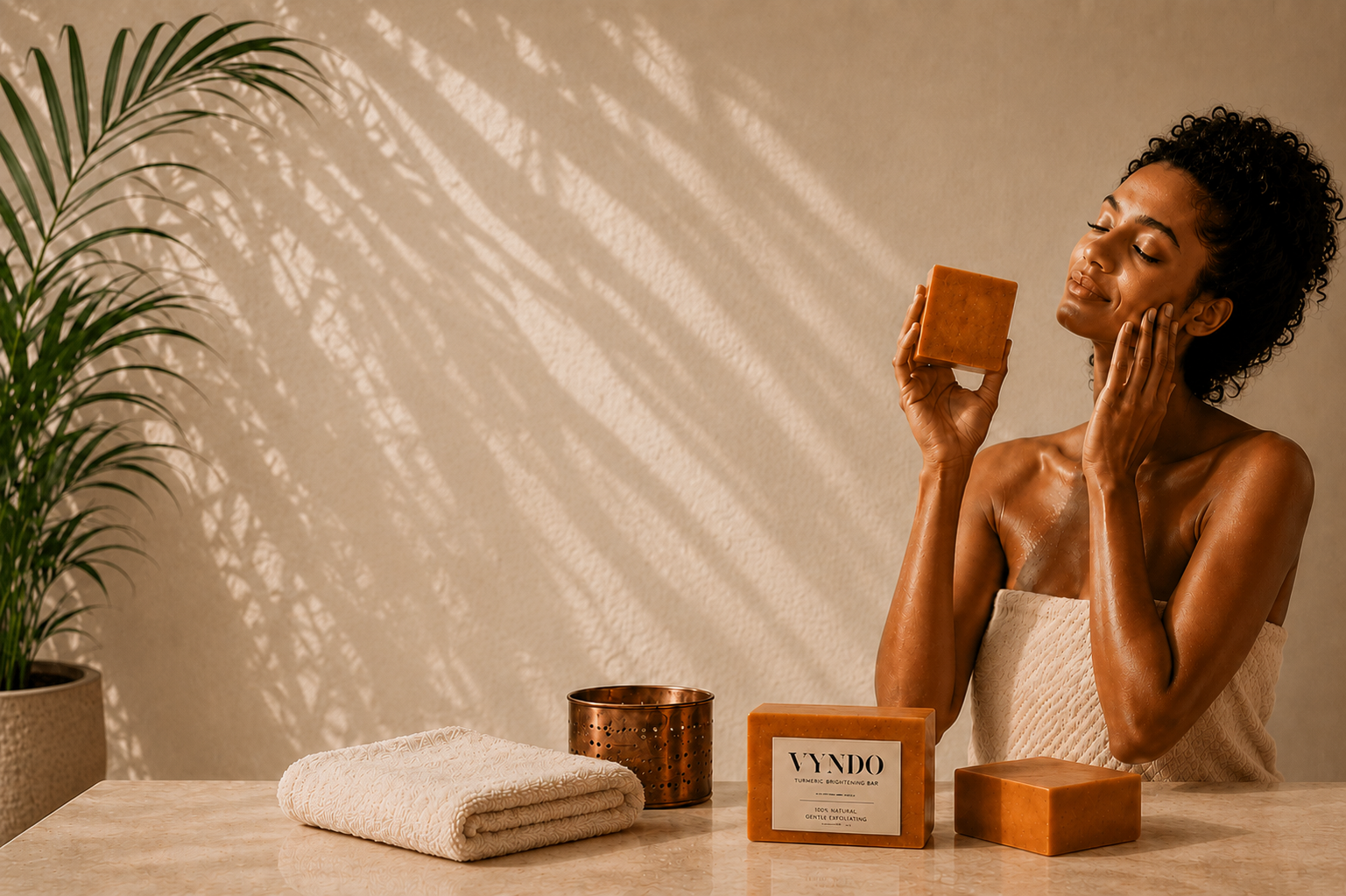 Woman wrapped in a towel holding a Vyndo Turmeric Brightening Soap Bar near her face, with soap bars, a folded towel, and a copper candle holder displayed on a table in a sunlit room